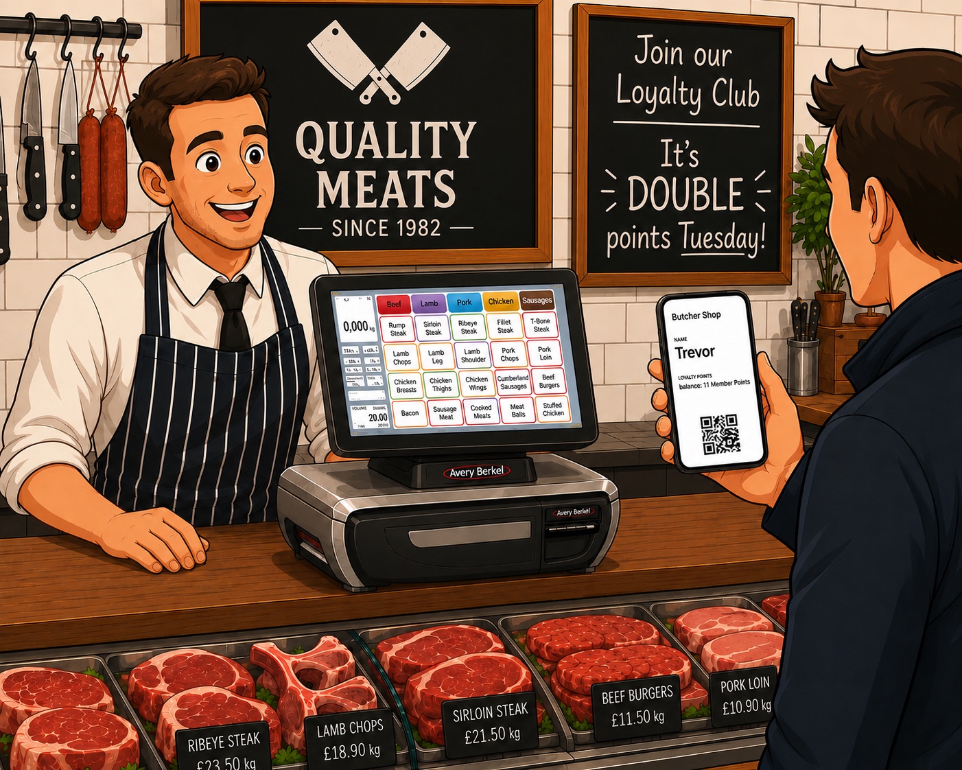 A butcher behind his counter at Quality Meats, an Avery Berkel scale and touchscreen on the counter, a customer holding up a smartphone wallet pass with a QR code, and a chalkboard advertising double points Tuesday.