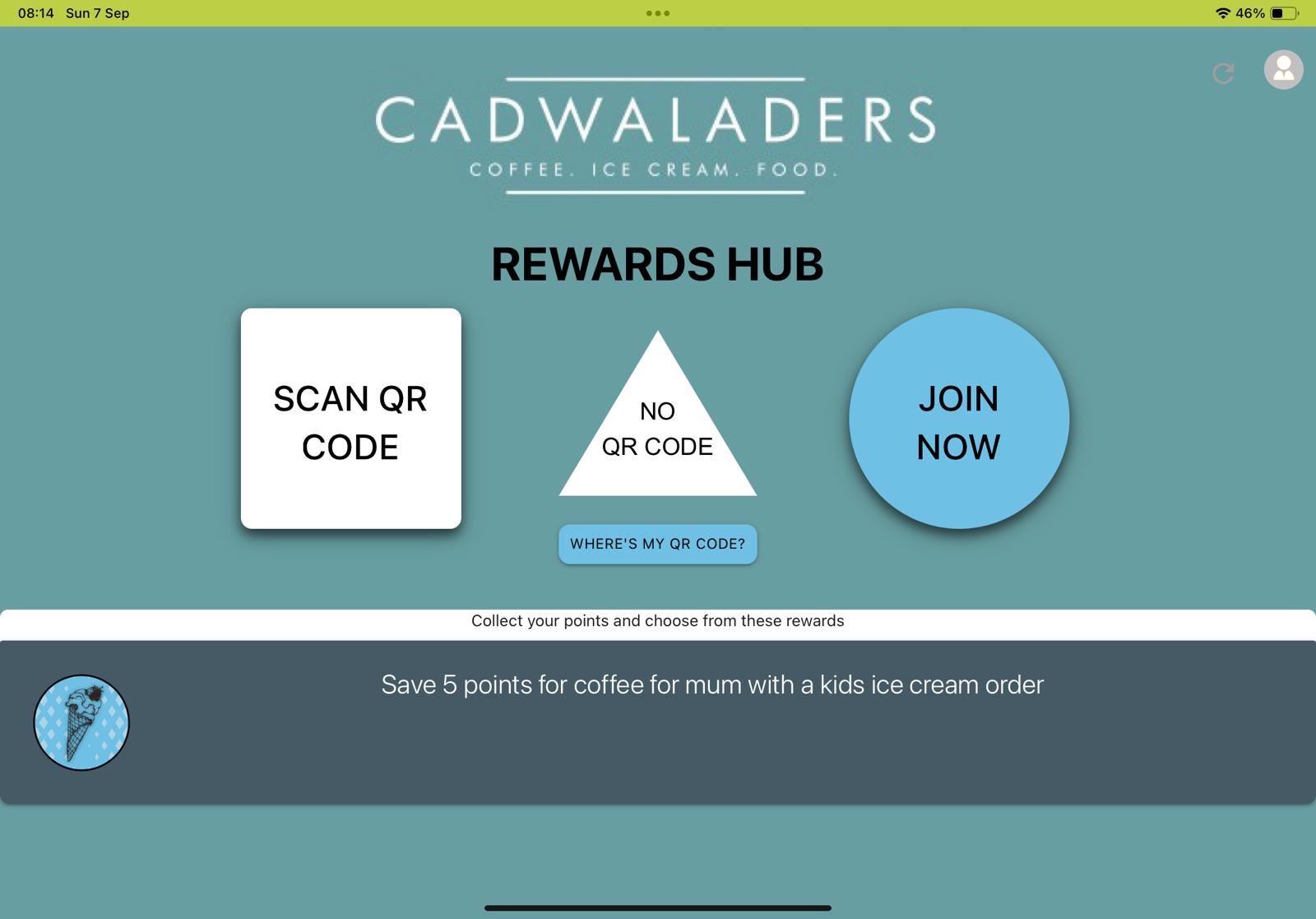 The Rewards Hub on a Cadwaladers kiosk: coffee, ice cream and food, with a kids-order reward.