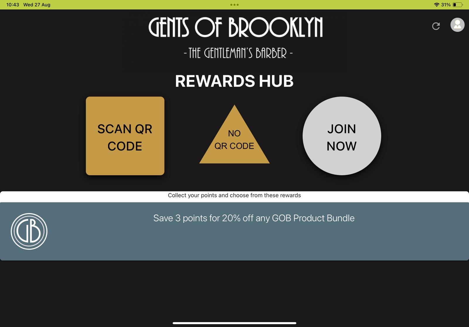 The Rewards Hub on a Gents of Brooklyn barber kiosk, with a product-bundle reward.