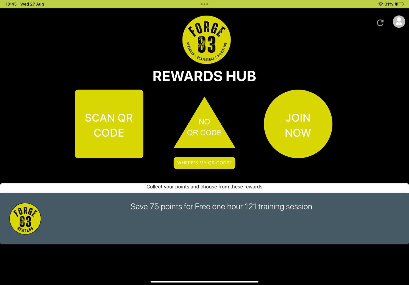 The Rewards Hub kiosk at Forge83: Scan QR code, No QR code, and Join now, with a rewards strip underneath.